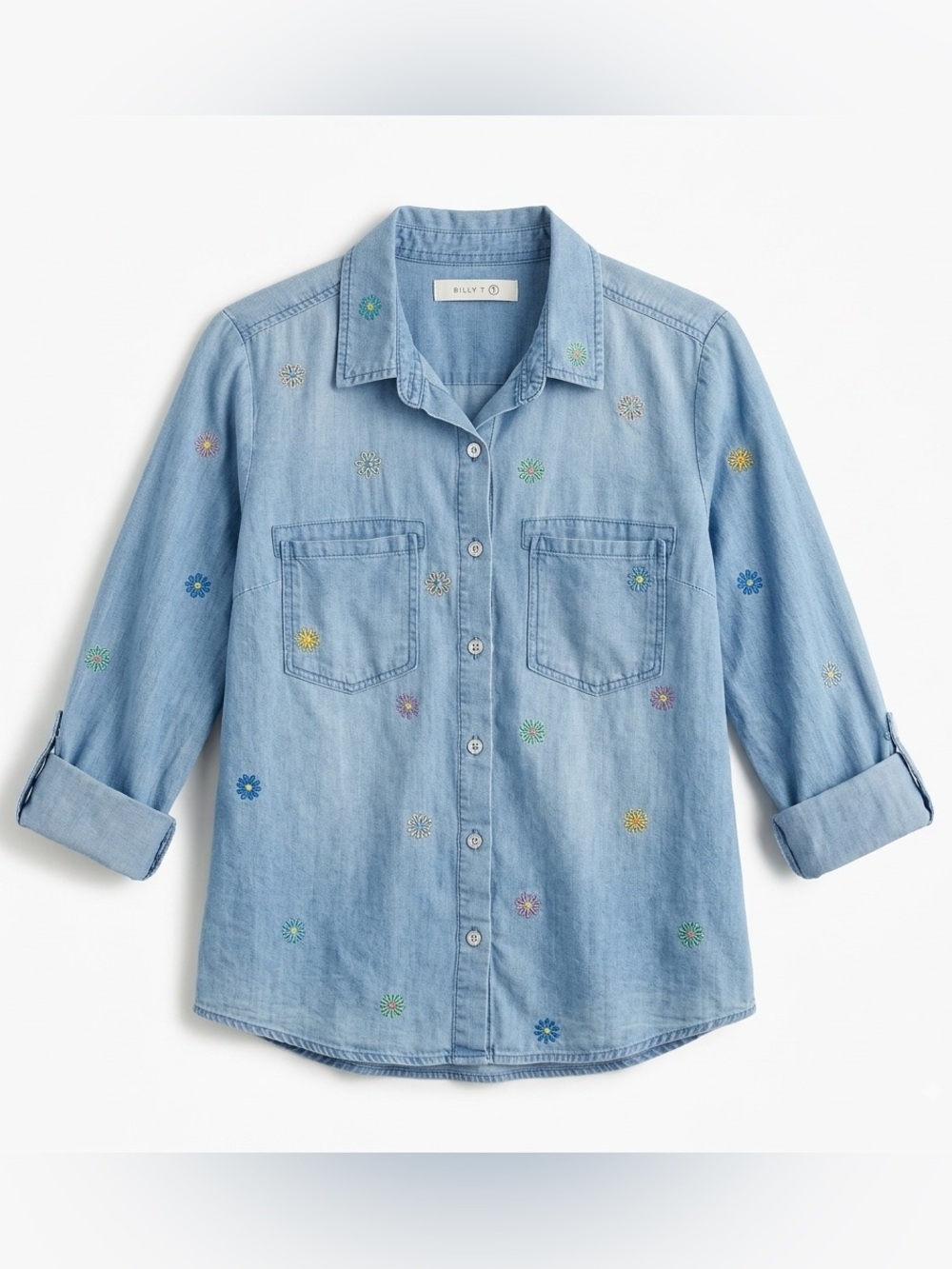 Billy T Embroidered Chambray Shirt Blue Floral Button Down Boho Cottagecore